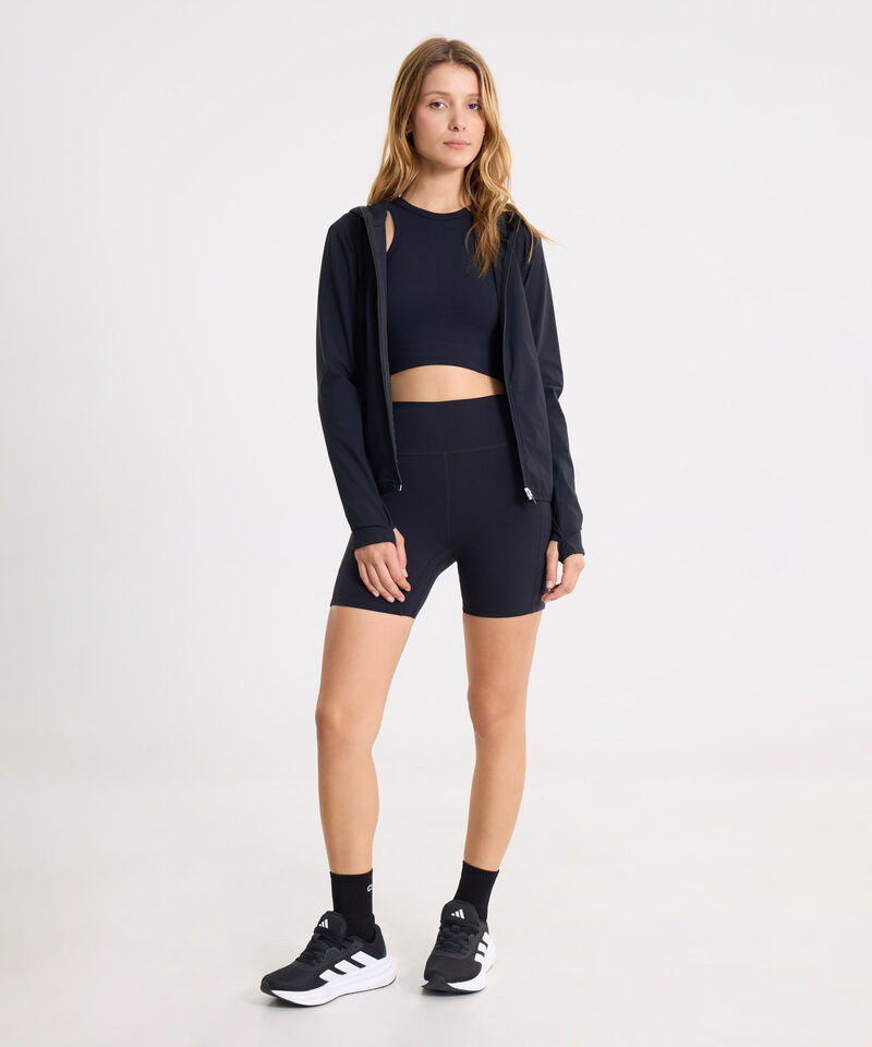 Outfit Training Negro con Chaqueta, Top Seamless y Short Running, 
